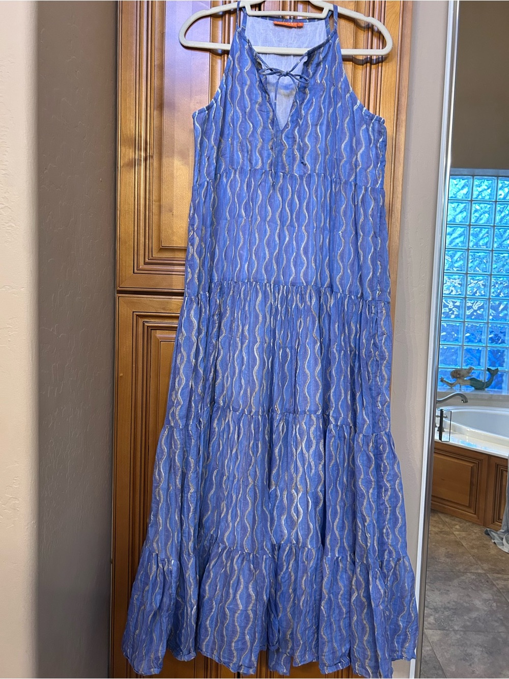 Oliphant Blue Tiered Maxi Dress with Tie Neckline